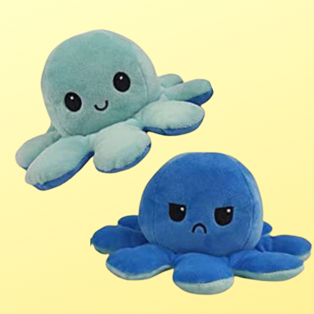 Miękka odwracalna pluszowa ośmiornica w wielu kolorach, zabawna i urocza, zmienia minę z wesołej na smutną, aby pokazać nastrój.