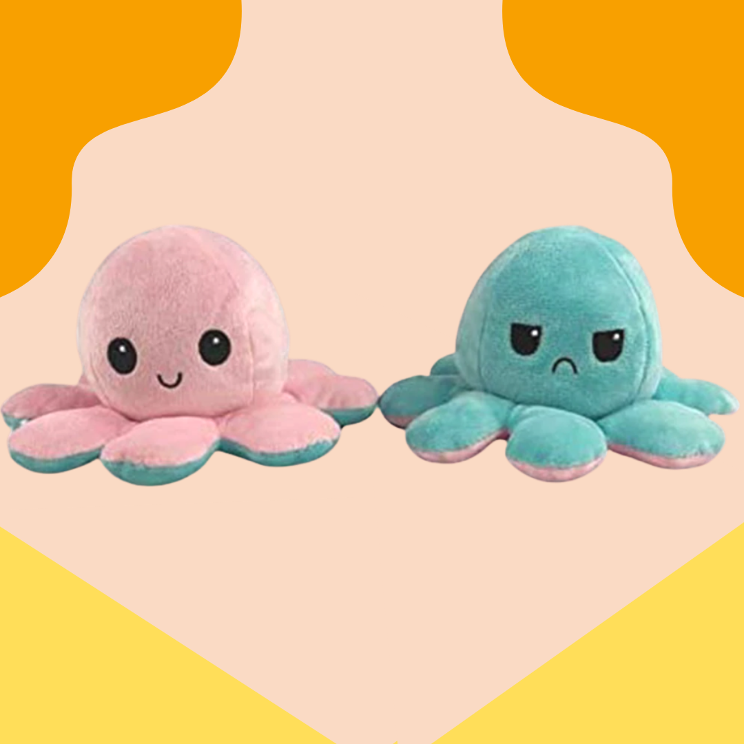 Miękka odwracalna pluszowa ośmiornica w wielu kolorach, zabawna i urocza, zmienia minę z wesołej na smutną, aby pokazać nastrój.