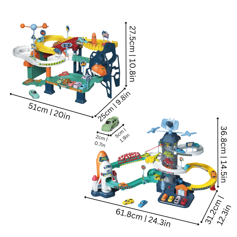 Kolorowy tor wyścigowy dla dzieci, inspirowany galaktyką i prehistorią, rozwijający kreatywność i naukę.