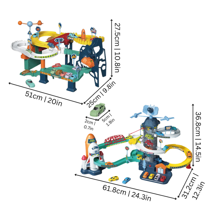 Kolorowy tor wyścigowy dla dzieci, inspirowany galaktyką i prehistorią, rozwijający kreatywność i naukę.