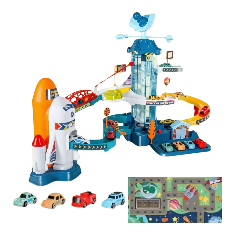 Kolorowy tor wyścigowy dla dzieci, inspirowany galaktyką i prehistorią, rozwijający kreatywność i naukę.