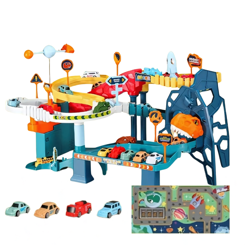 Kolorowy tor wyścigowy dla dzieci, inspirowany galaktyką i prehistorią, rozwijający kreatywność i naukę.