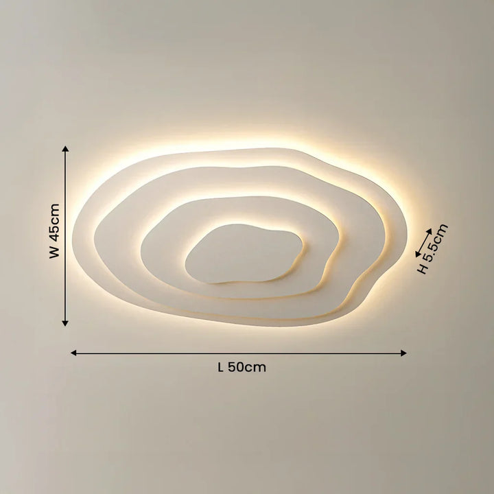 Nowoczesna lampa sufitowa LED o asymetrycznym designie, kremowym wykończeniu, artystycznych krzywiznach, modulowanym świetle oraz wykonana z metalu i akrylu.