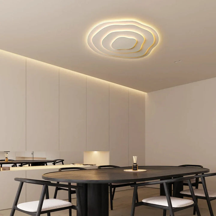 Nowoczesna lampa sufitowa LED o asymetrycznym designie, kremowym wykończeniu, artystycznych krzywiznach, modulowanym świetle oraz wykonana z metalu i akrylu.