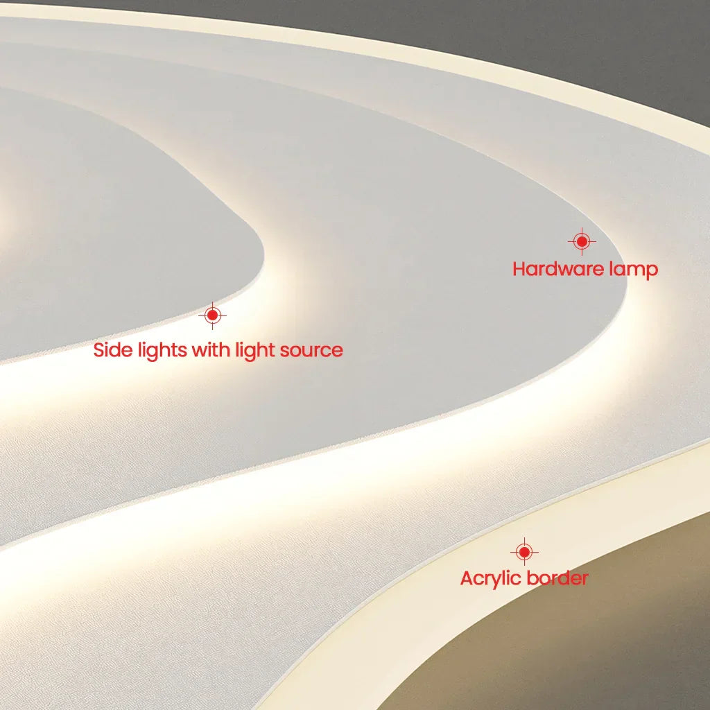Nowoczesna lampa sufitowa LED o asymetrycznym designie, kremowym wykończeniu, artystycznych krzywiznach, modulowanym świetle oraz wykonana z metalu i akrylu.