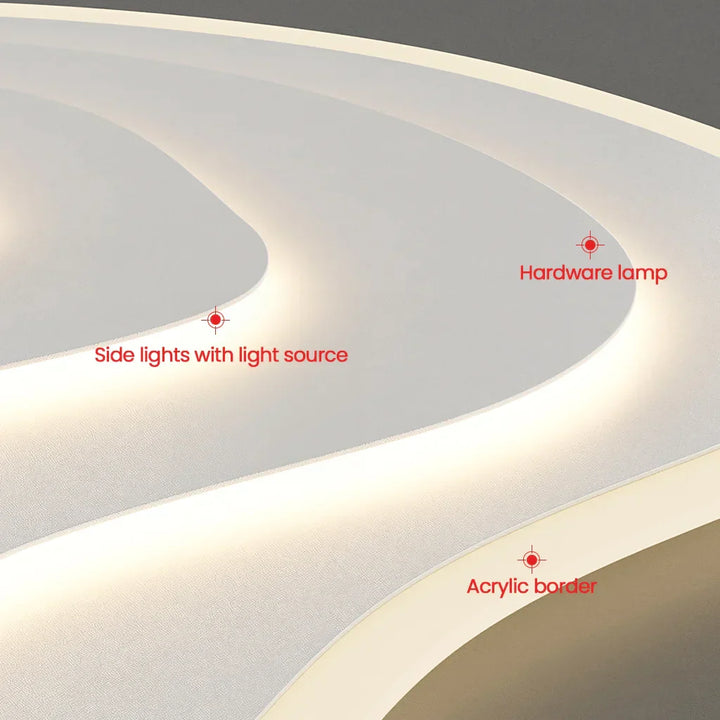 Nowoczesna lampa sufitowa LED o asymetrycznym designie, kremowym wykończeniu, artystycznych krzywiznach, modulowanym świetle oraz wykonana z metalu i akrylu.