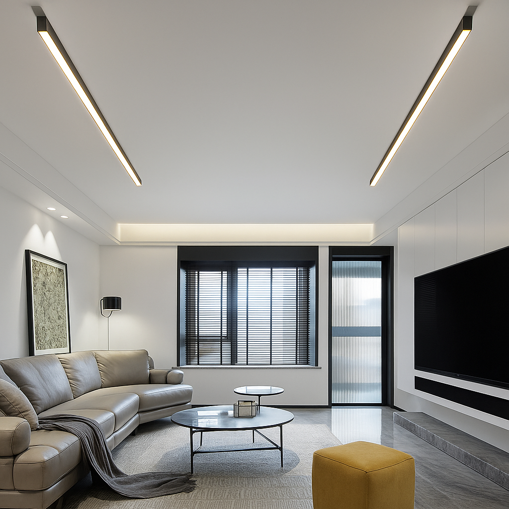 Nowoczesna skandynawska lampa sufitowa LED, design aluminiowo-akrylowy, do salonu lub kuchni, oświetlenie neutralne białe.