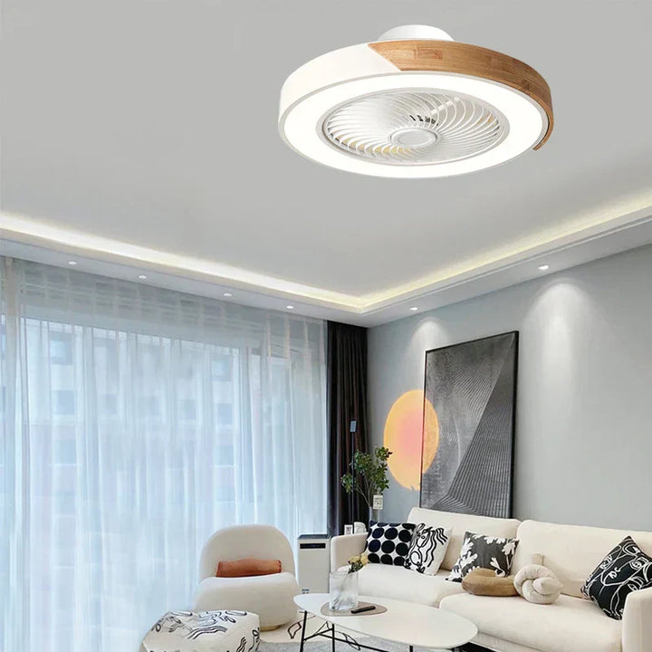 "Plafonnier ventilateur LED noir et blanc, moderne et silencieux, avec télécommande, pour salon, chambre ou salle à manger."