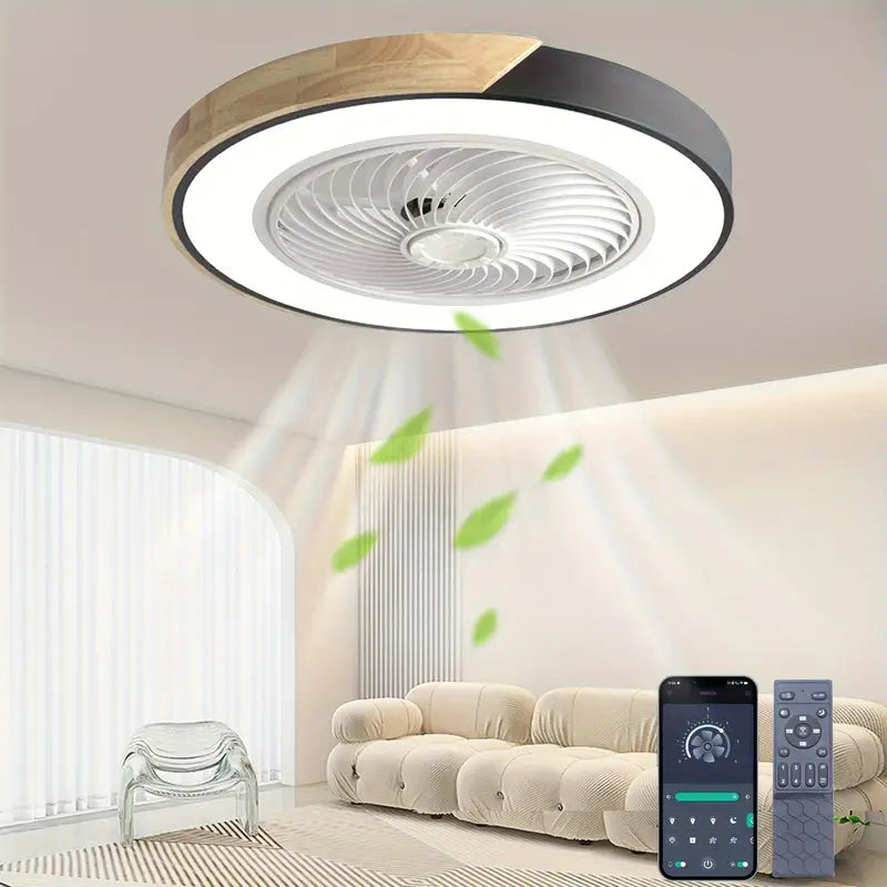 "Plafonnier ventilateur LED noir et blanc, moderne et silencieux, avec télécommande, pour salon, chambre ou salle à manger."