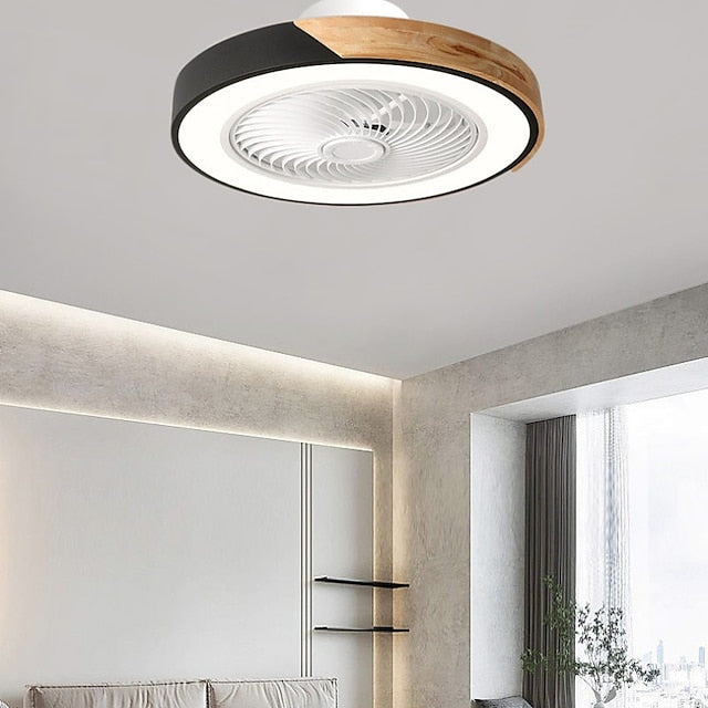 "Plafonnier ventilateur LED noir et blanc, moderne et silencieux, avec télécommande, pour salon, chambre ou salle à manger."