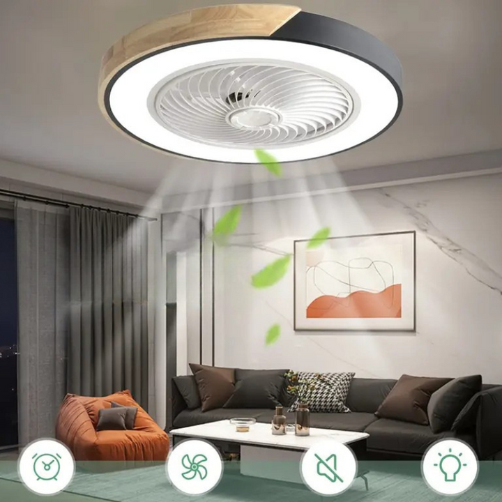 "Plafonnier ventilateur LED noir et blanc, moderne et silencieux, avec télécommande, pour salon, chambre ou salle à manger."