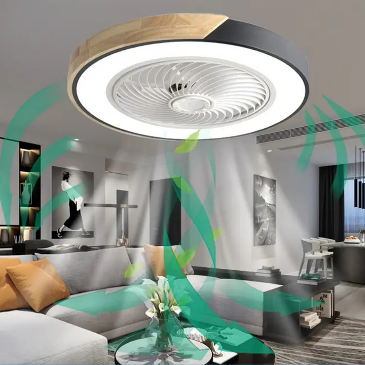 "Plafonnier ventilateur LED noir et blanc, moderne et silencieux, avec télécommande, pour salon, chambre ou salle à manger."