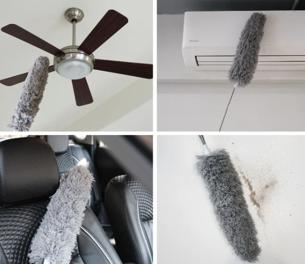 Zakrzywiona zmiotka z mikrofibry z regulowanym uchwytem teleskopowym, elastyczną głowicą, do łatwego czyszczenia trudno dostępnych miejsc.