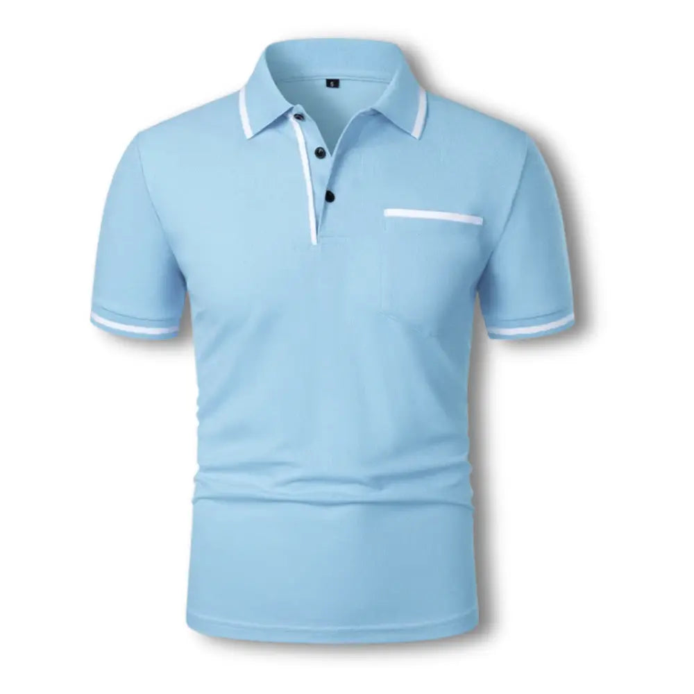 Męskie polo slim fit z czarnymi, kontrastowymi detalami, krótkimi rękawami i kołnierzykiem na guziki, eleganckie i stylowe dla dopracowanego wyglądu.