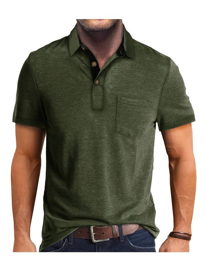 Beżowe polo męskie casual z kieszonką na piersi, eleganckie i wygodne, dla nowoczesnego i wyrafinowanego wyglądu.
