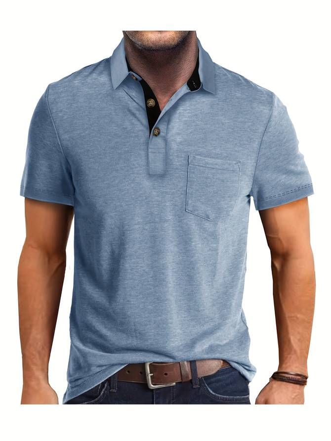 Beżowe polo męskie casual z kieszonką na piersi, eleganckie i wygodne, dla nowoczesnego i wyrafinowanego wyglądu.