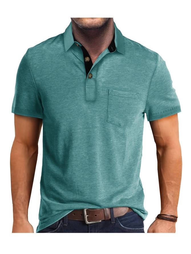 Beżowe polo męskie casual z kieszonką na piersi, eleganckie i wygodne, dla nowoczesnego i wyrafinowanego wyglądu.