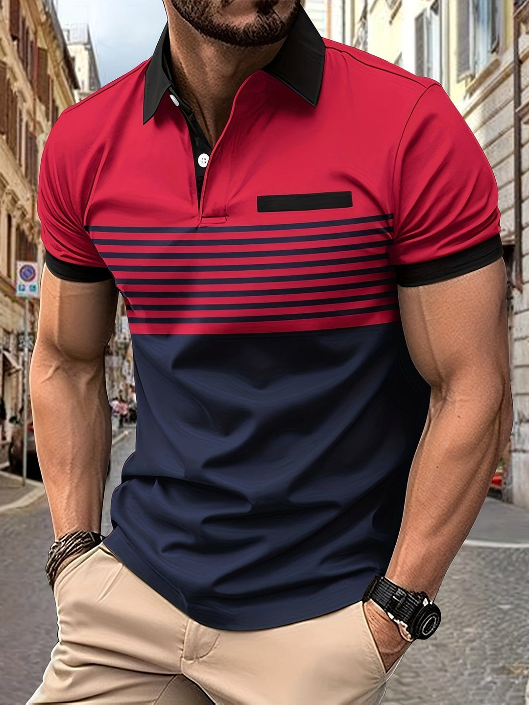 Męska letnia koszulka polo w paski - elegancka i swobodna na lato, idealna do aktywności na świeżym powietrzu.