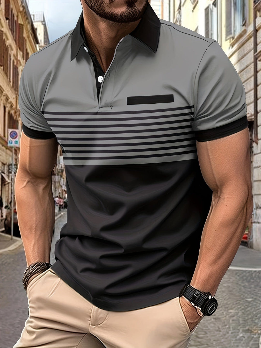Męska letnia koszulka polo w paski - elegancka i swobodna na lato, idealna do aktywności na świeżym powietrzu.