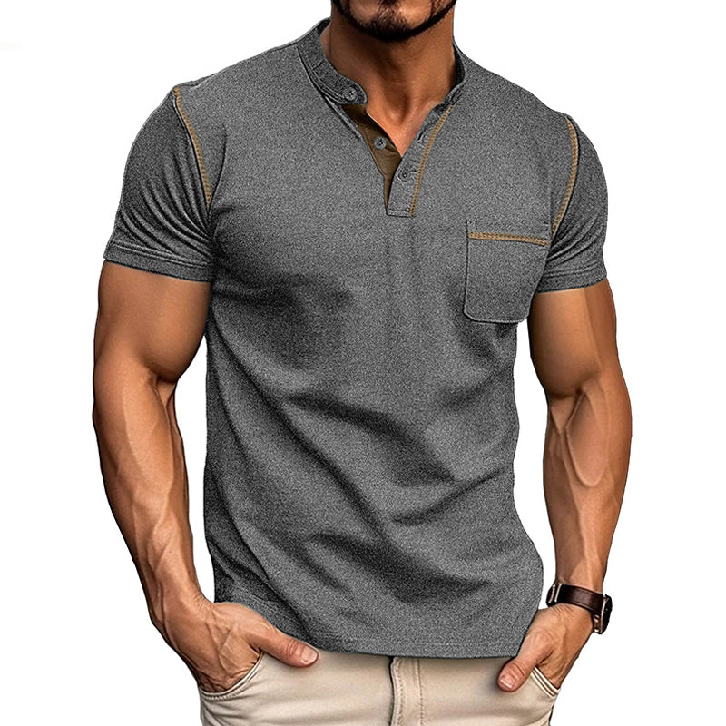 Męska koszulka polo z ultra granatu, dekoltem Henley, nowoczesny design, rozmiar od S do 2XL, elegancki styl na co dzień.