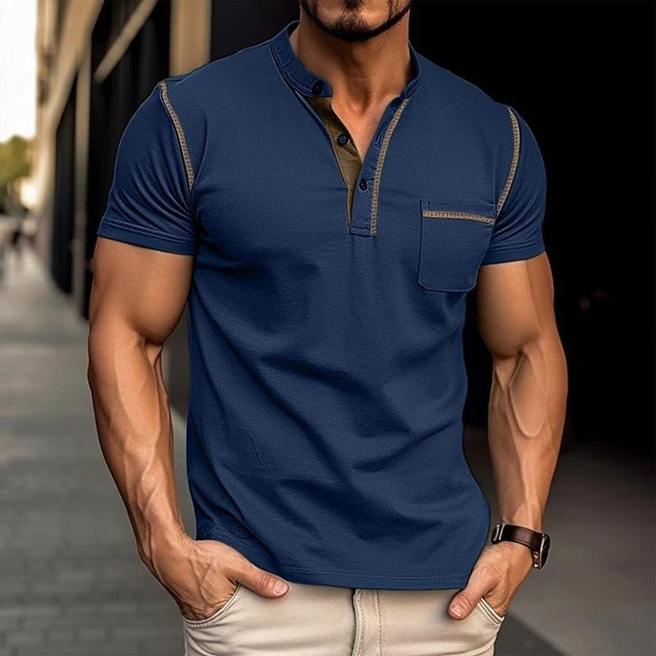 Męska koszulka polo z ultra granatu, dekoltem Henley, nowoczesny design, rozmiar od S do 2XL, elegancki styl na co dzień.