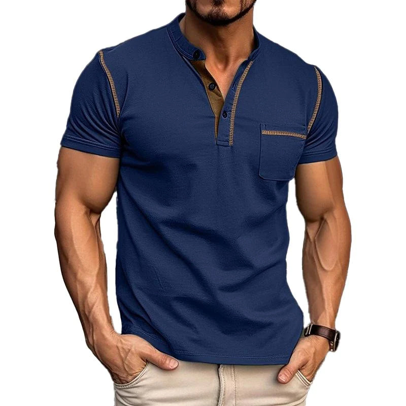 Męska koszulka polo z ultra granatu, dekoltem Henley, nowoczesny design, rozmiar od S do 2XL, elegancki styl na co dzień.