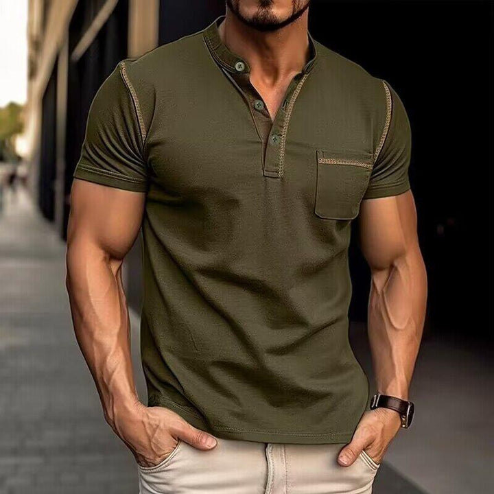Męska koszulka polo z ultra granatu, dekoltem Henley, nowoczesny design, rozmiar od S do 2XL, elegancki styl na co dzień.