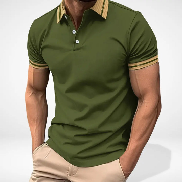 Męskie polo z krótkim rękawem i kontrastowym kołnierzykiem, elegancki design, idealne na casualowy letni styl.