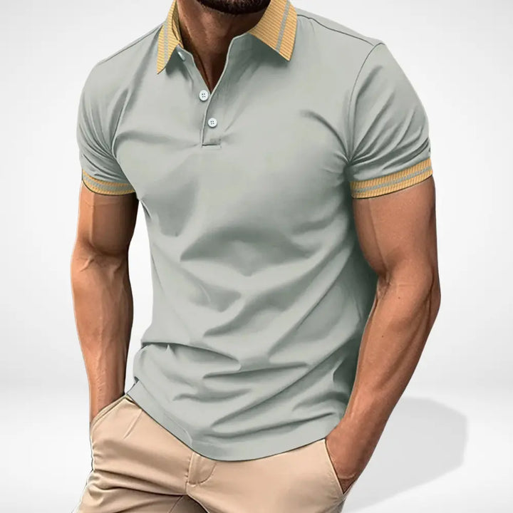 Męskie polo z krótkim rękawem i kontrastowym kołnierzykiem, elegancki design, idealne na casualowy letni styl.