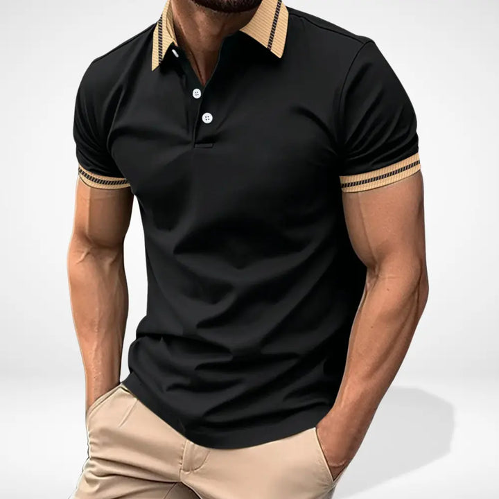 Męskie polo z krótkim rękawem i kontrastowym kołnierzykiem, elegancki design, idealne na casualowy letni styl.