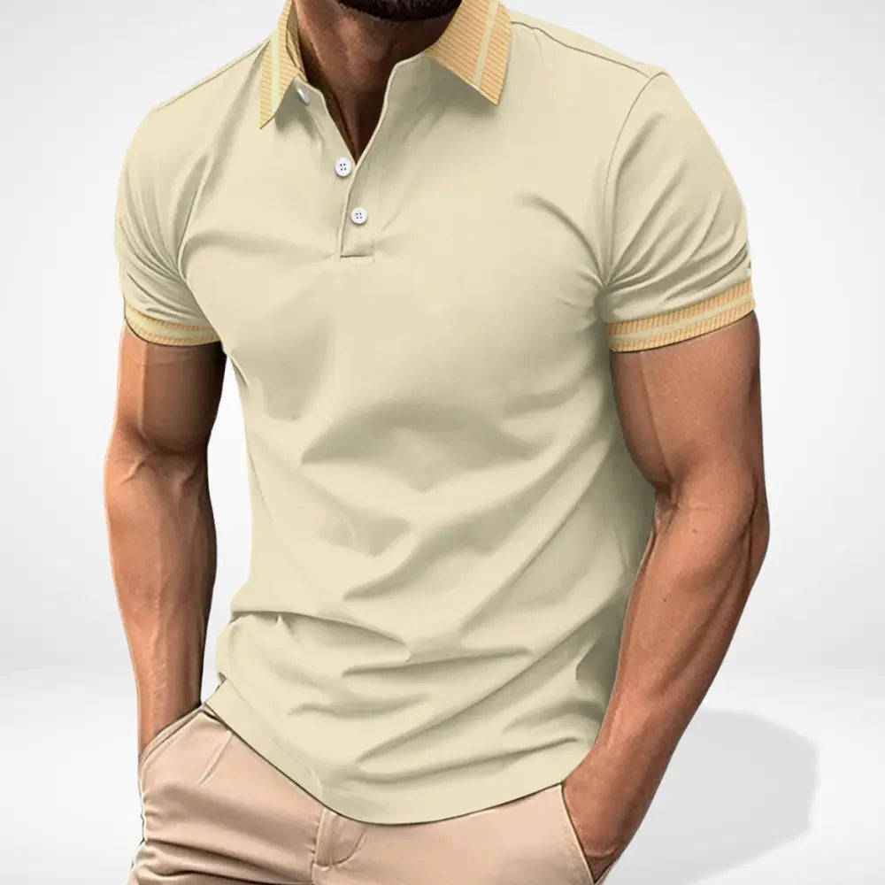 Męskie polo z krótkim rękawem i kontrastowym kołnierzykiem, elegancki design, idealne na casualowy letni styl.