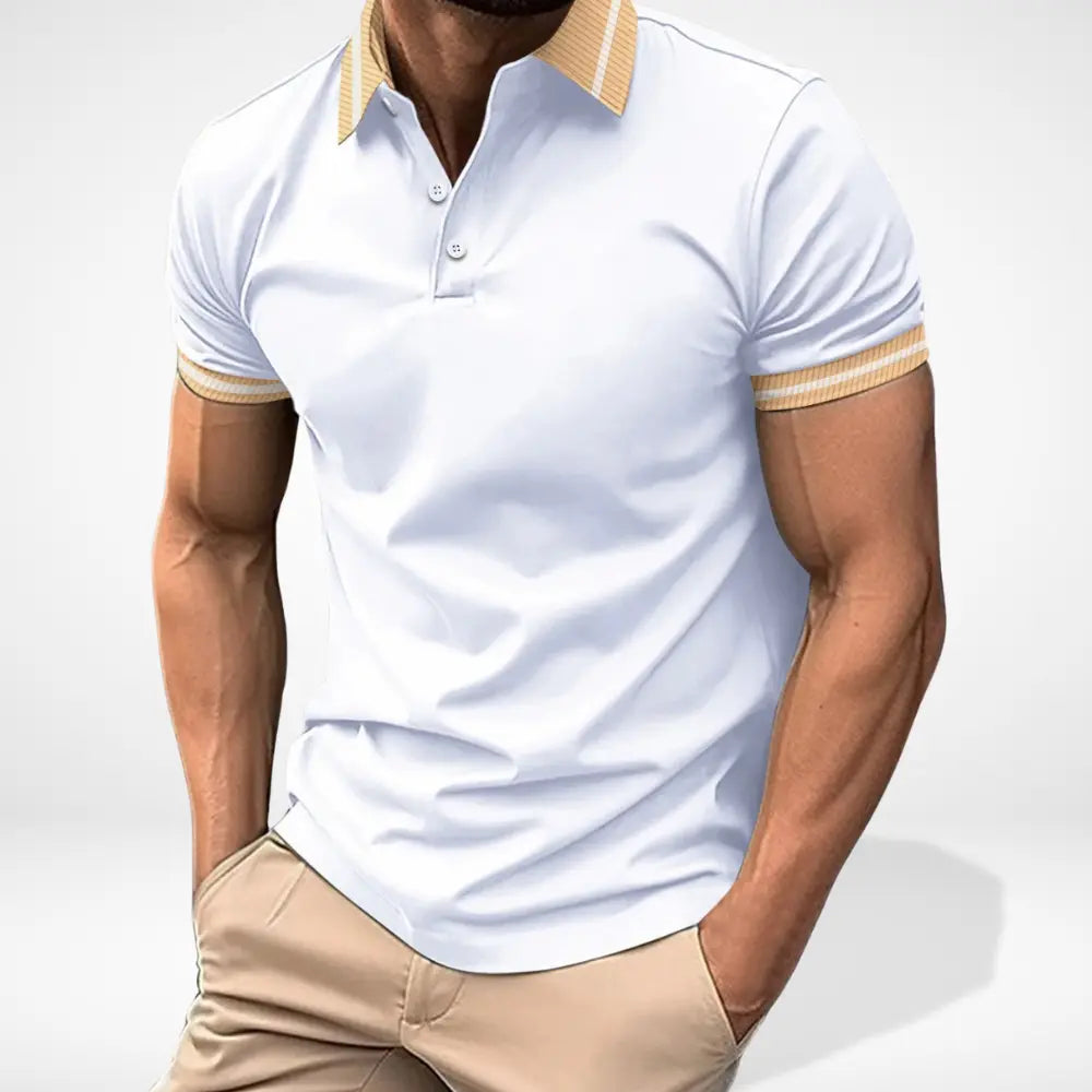 Męskie polo z krótkim rękawem i kontrastowym kołnierzykiem, elegancki design, idealne na casualowy letni styl.