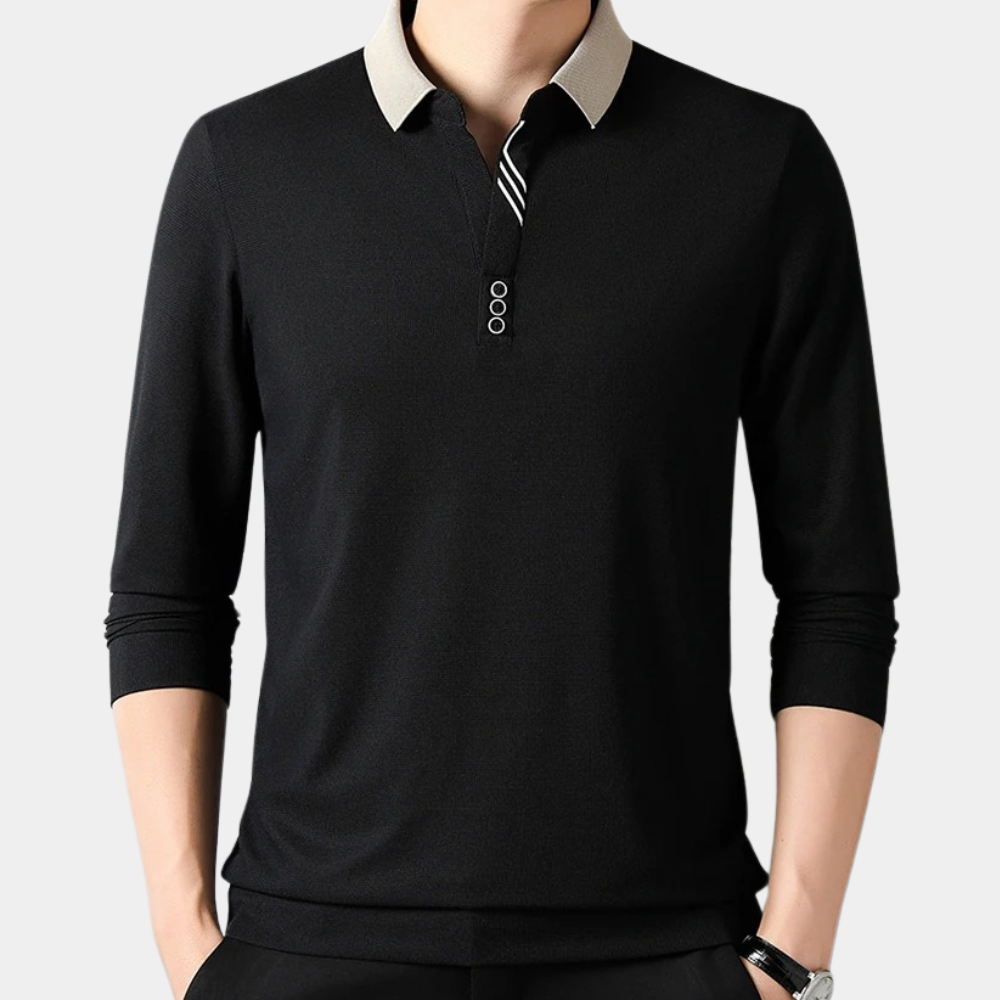Polo homme manches longues décontracté, couleur noire, en tissu respirant, idéal pour un style casual chic.