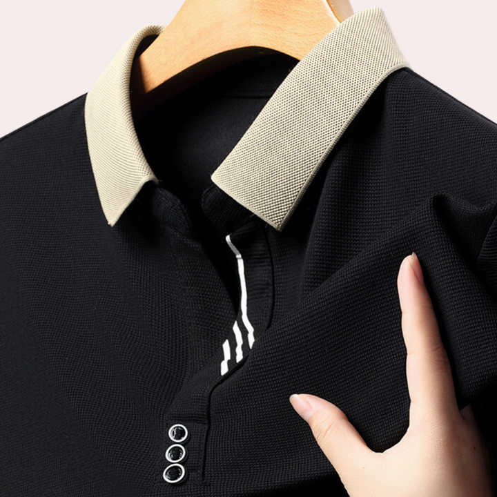 Męska koszulka polo z długim rękawem, czarna, oddychająca, idealna do stylu casual chic.