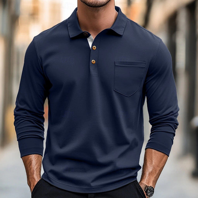 Męskie polo slim fit z długim rękawem w kolorze ciemnoszarym.