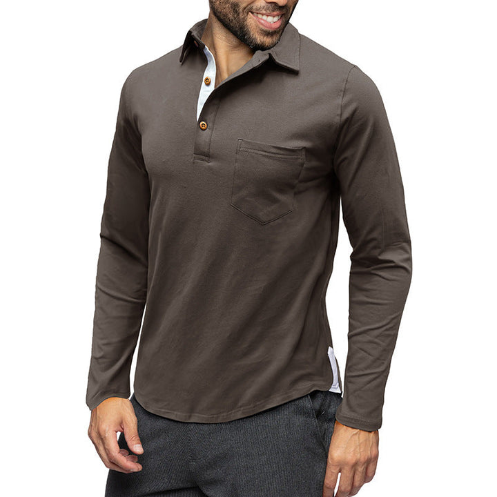 Męskie polo slim fit z długim rękawem w kolorze niebieskim.