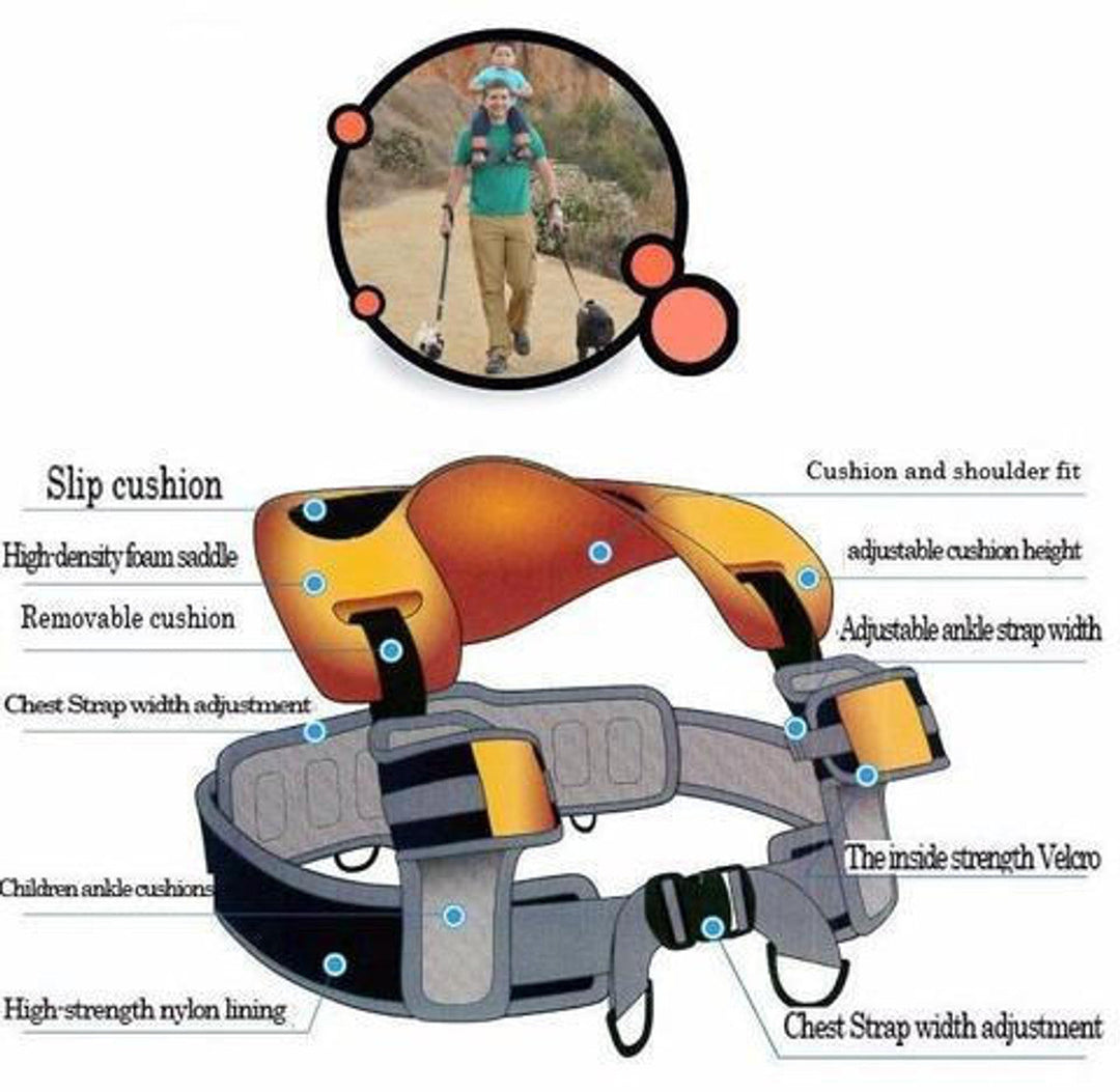 Wygodne nosidełko na ramiona, regulowany pas, ergonomiczne siedzisko, dla dzieci 2-5 lat, bezpieczne, wolne ręce.