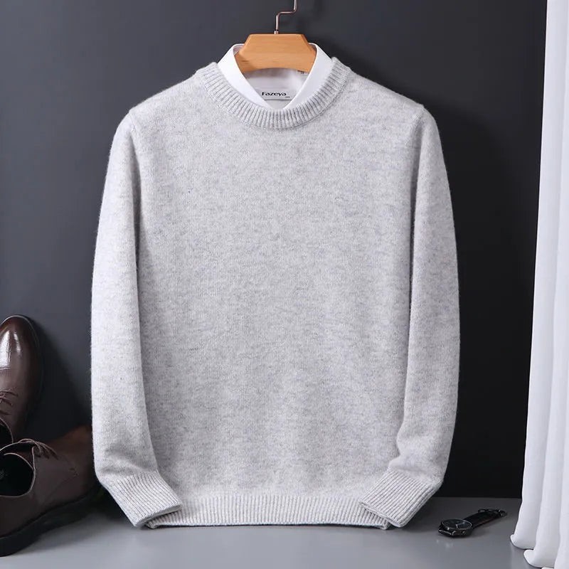 Męski sweter kaszmirowy w kolorze szarym, miękki i elegancki, idealny na zimę. Wysoki komfort i ponadczasowy design.
