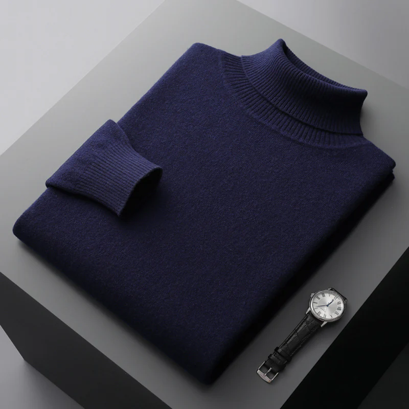 Elegancki męski sweter golf z wełny merynosów, gładki kolor, dopasowany krój, idealny do wyrafinowanego i wygodnego stylu.