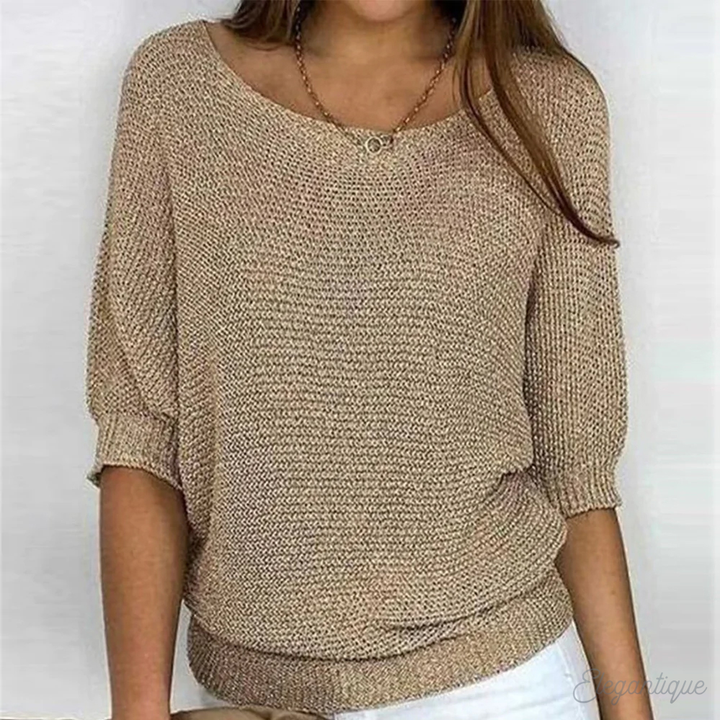 Sweter damski casualowy z miękkiej wełny, neutralny kolor, okrągły dekolt, ściągacze, uniwersalny do eleganckich stylizacji.