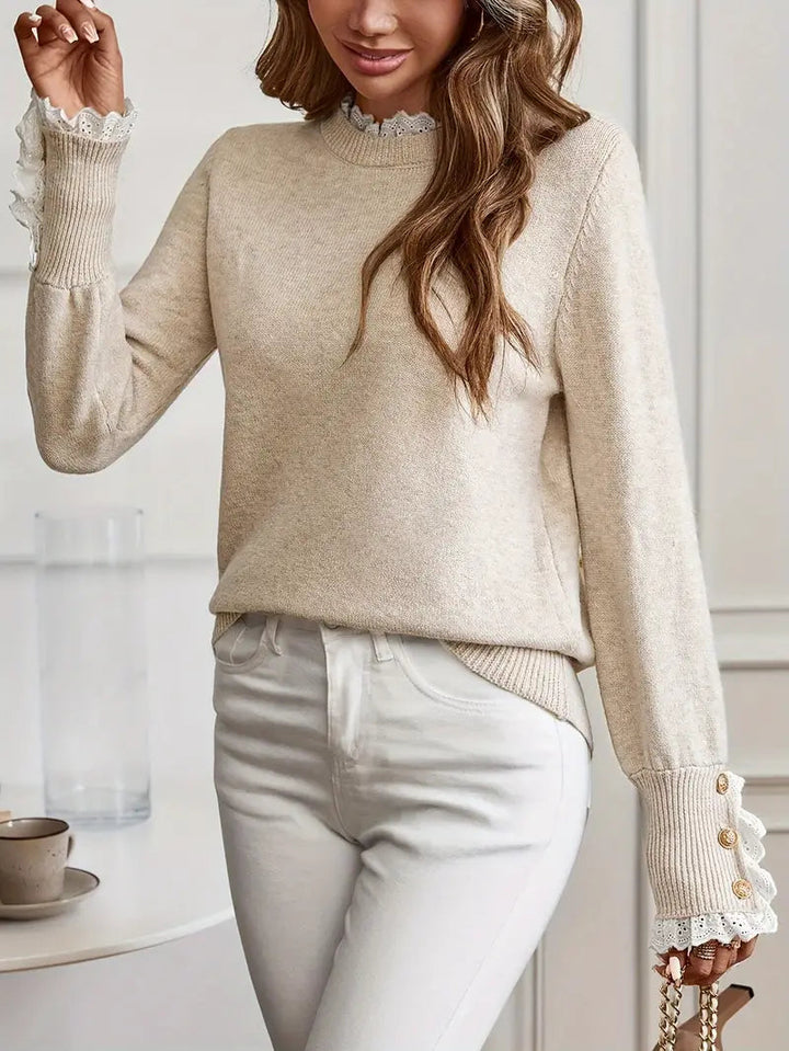 Elegancki sweter damski, okrągły dekolt, ozdobne rękawy, nowoczesny, szykowny i wygodny, idealny do pracy lub na co dzień.