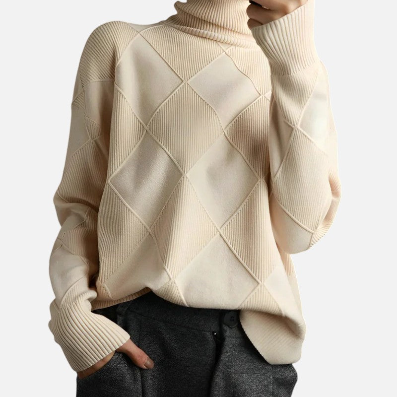 Luksusowy damski sweter kaszmirowy z golfem, w diamentowe wzory, jedwabisty w dotyku, idealny na chłodne dni.