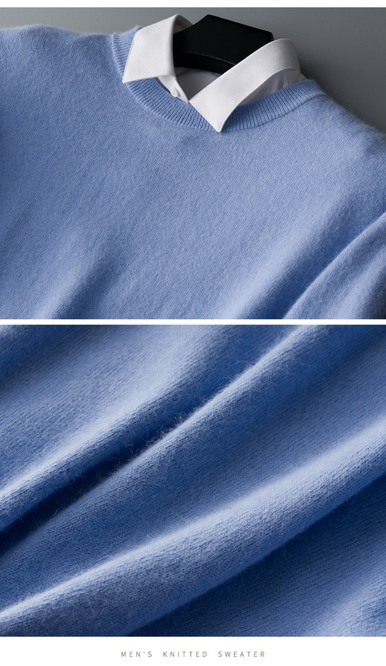 Męski sweter kaszmirowy, jednolity kolor, miękka tekstura, okrągły dekolt, długie rękawy, wysokiej klasy elegancja i komfort.