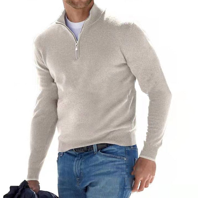 Męski sweter z wełny merynosa, dekolt V z zamkiem, elegancki, miękki, wygodny, idealny na wyrafinowany i swobodny wygląd.