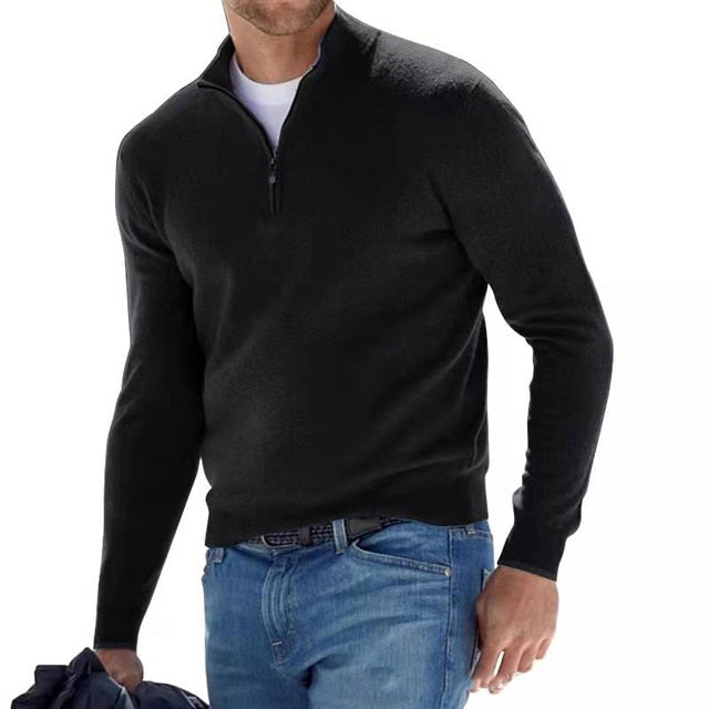 Męski sweter z wełny merynosa, dekolt V z zamkiem, elegancki, miękki, wygodny, idealny na wyrafinowany i swobodny wygląd.