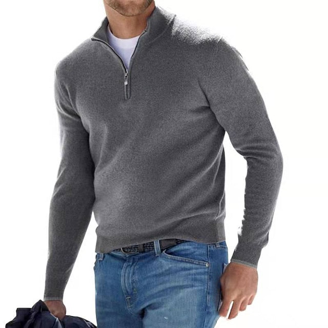 Męski sweter z wełny merynosa, dekolt V z zamkiem, elegancki, miękki, wygodny, idealny na wyrafinowany i swobodny wygląd.