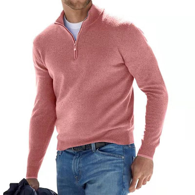 Męski sweter z wełny merynosa, dekolt V z zamkiem, elegancki, miękki, wygodny, idealny na wyrafinowany i swobodny wygląd.