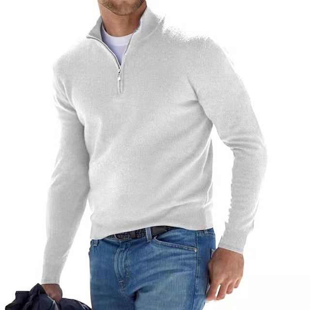 Męski sweter z wełny merynosa, dekolt V z zamkiem, elegancki, miękki, wygodny, idealny na wyrafinowany i swobodny wygląd.