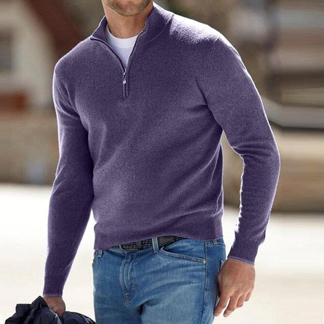 Męski sweter z wełny merynosa, dekolt V z zamkiem, elegancki, miękki, wygodny, idealny na wyrafinowany i swobodny wygląd.