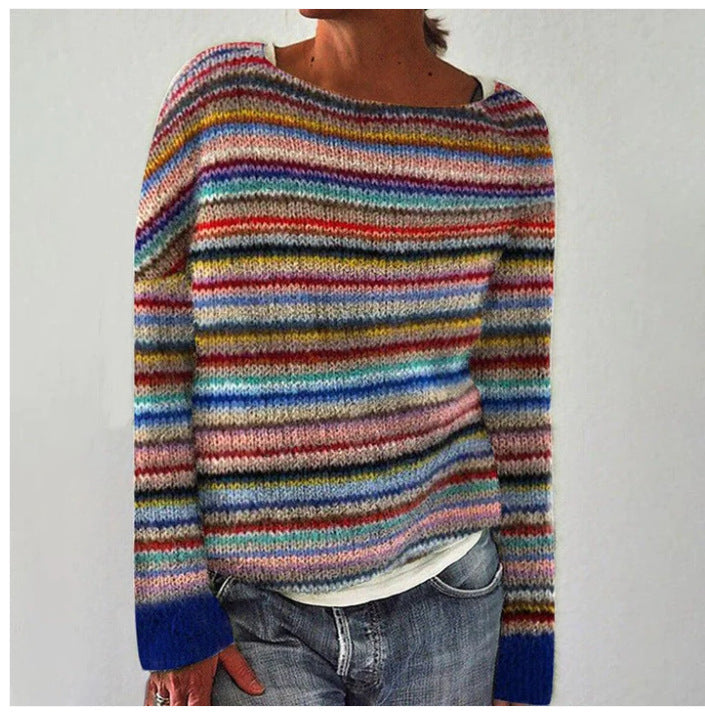Kolorowy sweter damski z miękkiej dzianiny, długi rękaw, wygodny krój, wielokolorowy wzór, idealny na jesień-zimę.